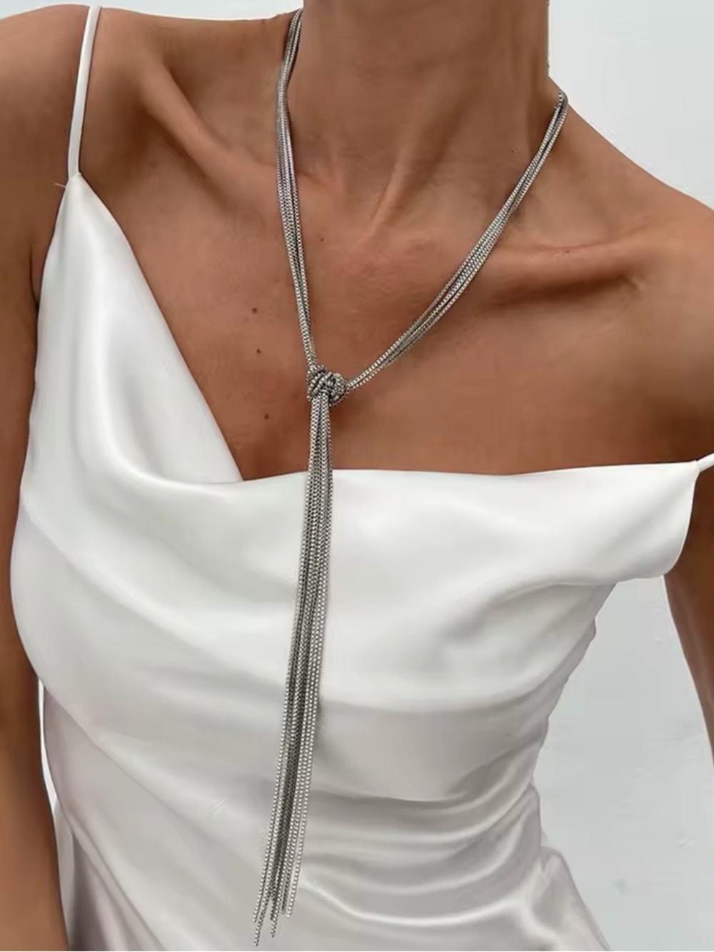 Silver Knot  Necklace with Long Tassels